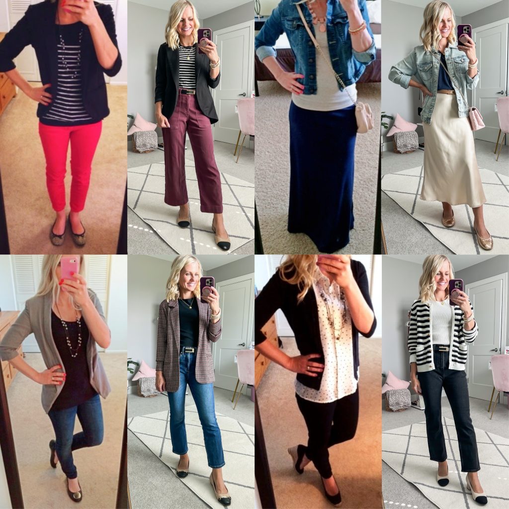 Updated outfits from 2010's until now, maxi skirts, colored pants, and blazers for 2025