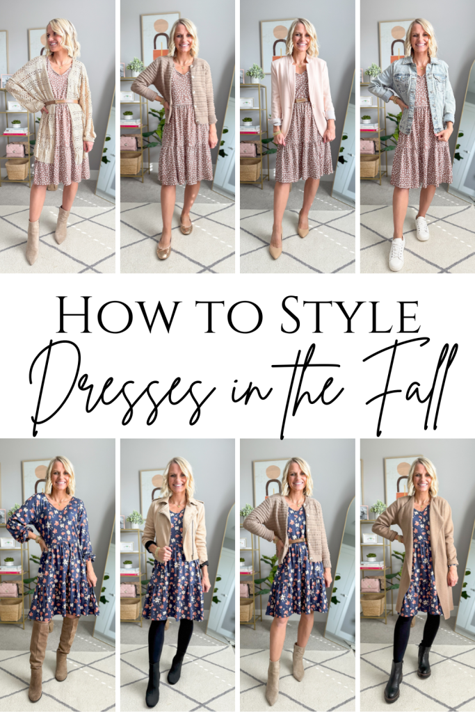 how to style dresses in the fall, eight outfit ideas with two affordable amazon dresses 