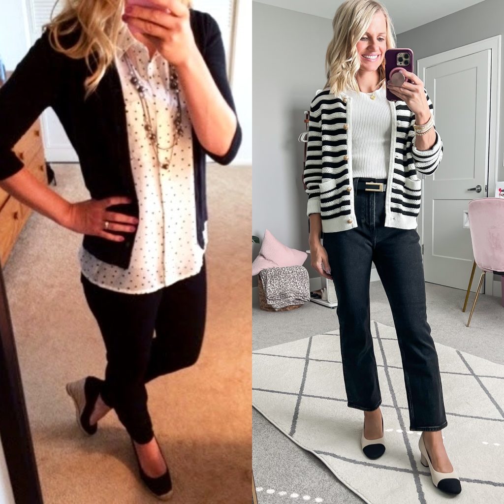 Striped cardigan updated look with straight leg black jeans and lady jacket.