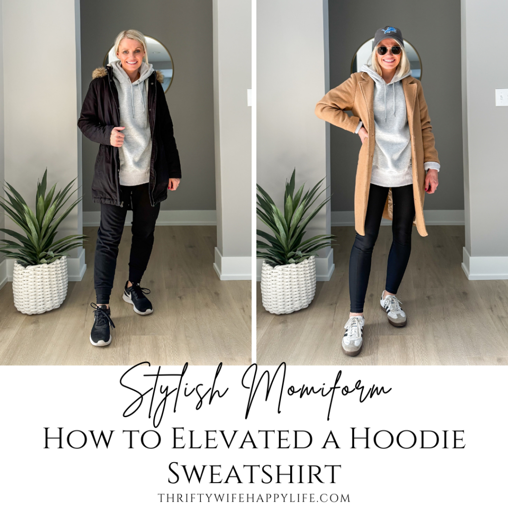 2 hoodie sweatshirt outfits, one elevated with a camel wool coat. 