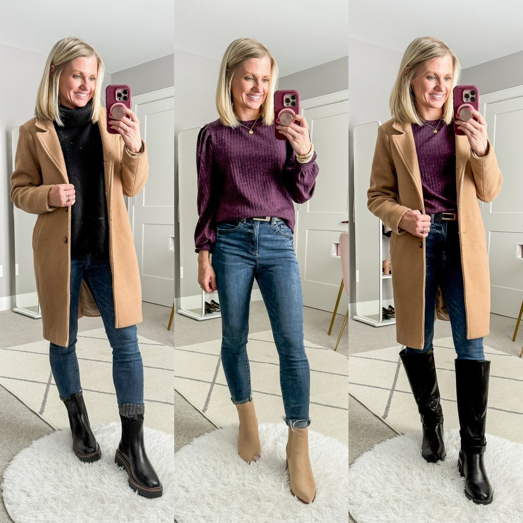 Skinny jeans styled three ways for winter 2025. Skinny jeans with coat and black chelsea boots, skinny jeans with long sleeved top and neutral booties, skinny jeans with tan coat and riding boots.