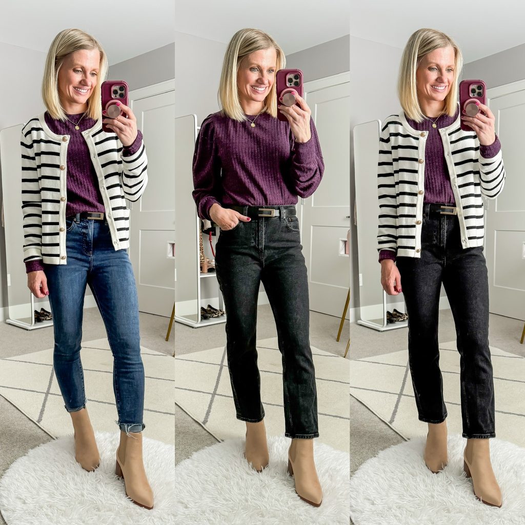 Mom Winter Capsule Wardrobe- purple long sleeved top styled three ways- jeans and lady jacket outfit, lady jacket and black cropped jeans with neutral booties.