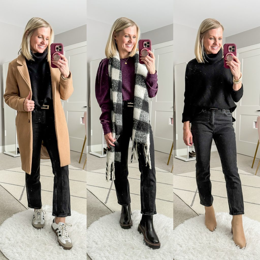 Mom Winter Capsule Wardrobe outfit ideas- Cropped jeans styled three ways for winter- tan coat and sambas outfit, purple long-sleeved top with plaid scarf outfit, black cowl neck top sweater with jeans and neutral booties.