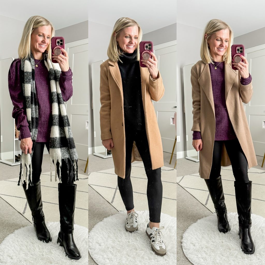 Mom Winter Capsule Wardrobe Outfit Ideas- Purple long sleeved top with leggings and scarf, purple long-sleeved top with coatigan and riding boots and black leggings with coatigan outfit.