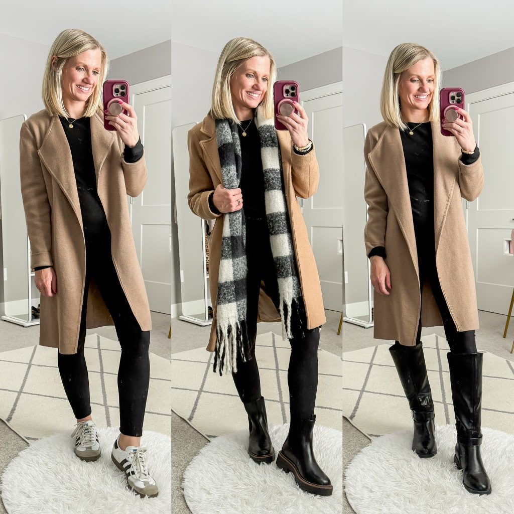 Styling coatigan three ways for winter- coatigan with leggings and sambas, coatigan with leggings and chelsea boots, and coatigan with tall riding boots.