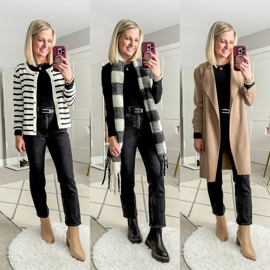 Straight leg jeans styled three ways for winter. Straight leg jeans with lady jacket and neutral booties. Straight leg jeans with chelsea boots and plaid scarf. Straight leg jeans with coatigan and neutral booties.