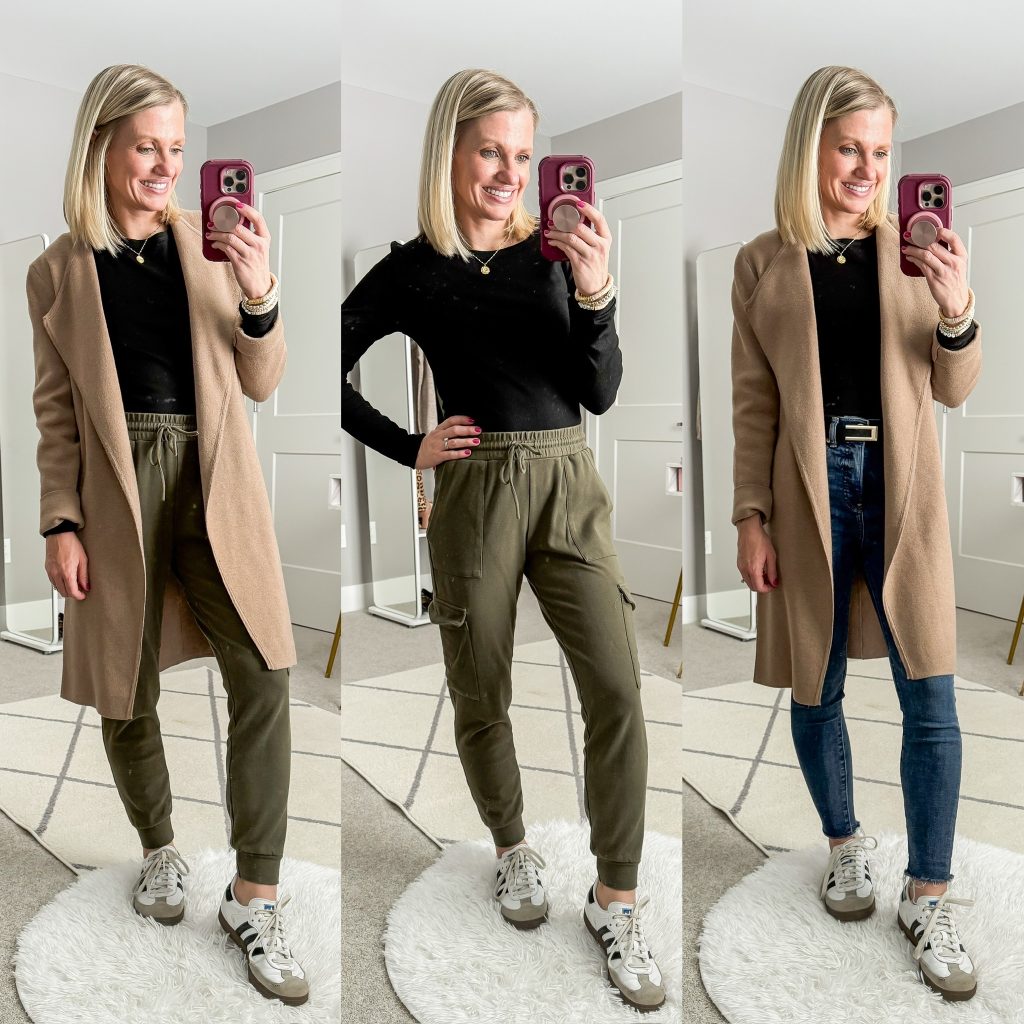 Mom Winter Capsule Wardrobe black base layer styled three ways- with army green joggers and sambas and with jeans and tan coat.