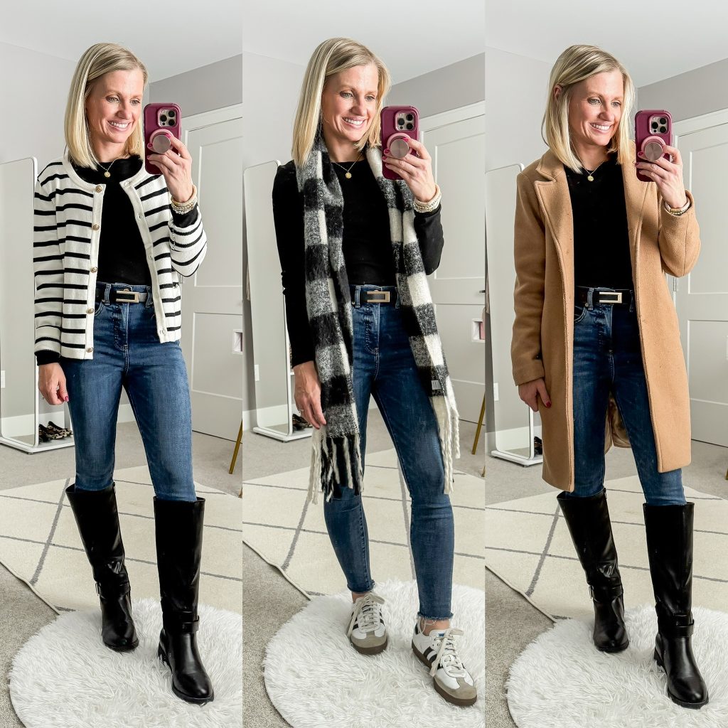 Winter Capsule Wardrobe: black base layer styled three ways- with lady jacket, with scarf and sambas and with tall black boots.