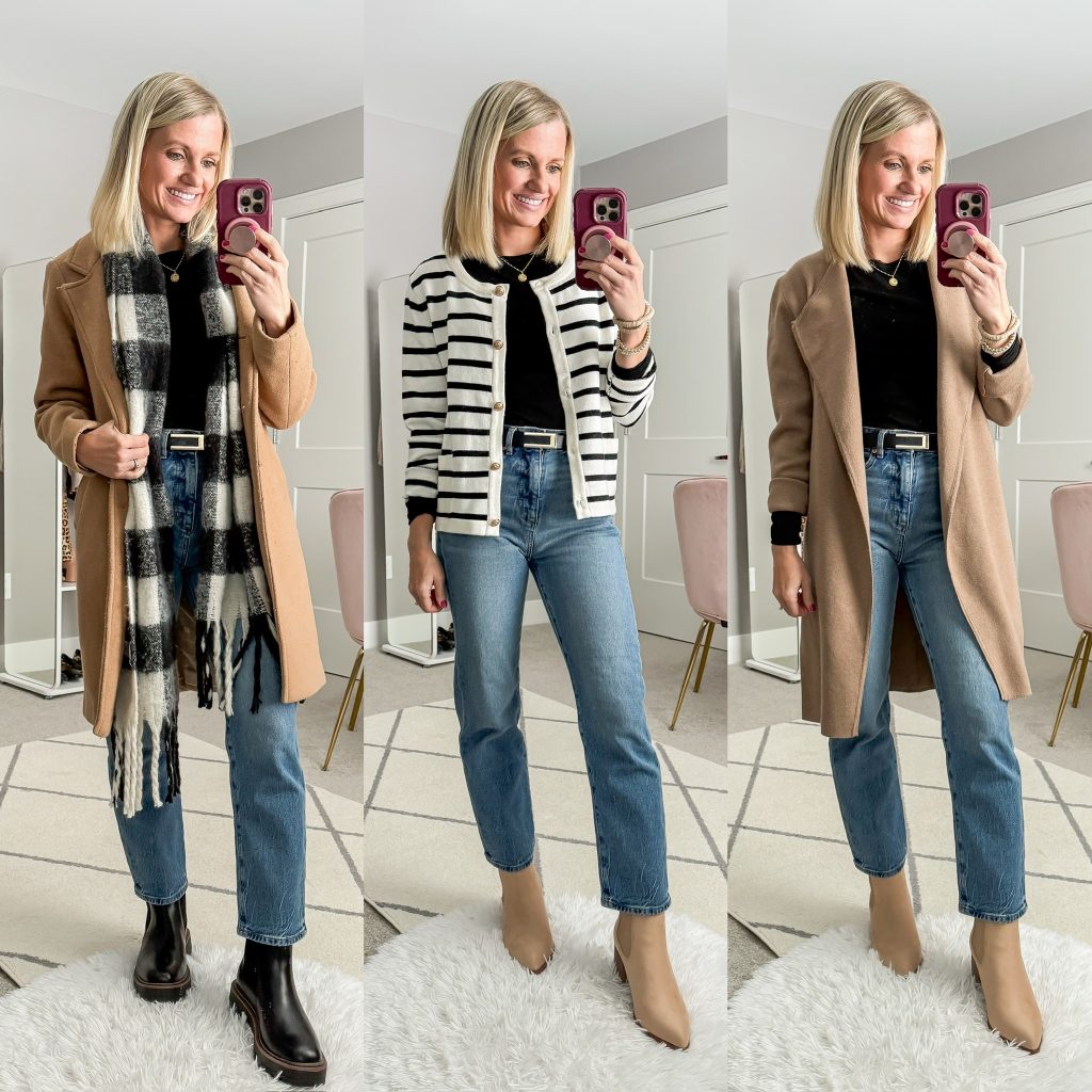 Mom Winter Capsule Wardrobe outfit ideas black long sleeve base layer styled three ways: with coat, jeans and black chelsea boots, lady jacket, jeans and booties, and with coatigan, jeans and tan booties.