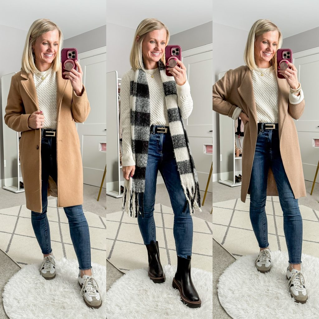 Skinny jeans styled three ways for 2025. Skinny jeans, tan coat and sambas outfit, skinny jeans, sweater, and chelsea boots outfit. Skinny jeans, coatigan, and sneakers outfit.