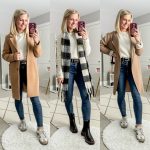 Skinny jeans styled three ways for 2025. Skinny jeans, tan coat and sambas outfit, skinny jeans, sweater, and chelsea boots outfit. Skinny jeans, coatigan, and sneakers outfit.