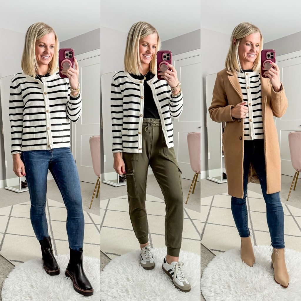 Mom Winter Capsule Wardrobe striped lady sweater styled three ways: with jeans and chelsea boots, green joggers and sambas and jeans and heeled booties