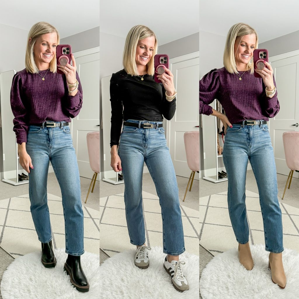 Mom Winter Outfit Ideas Purple long sleeve top with jeans, black long sleeve top with jeans