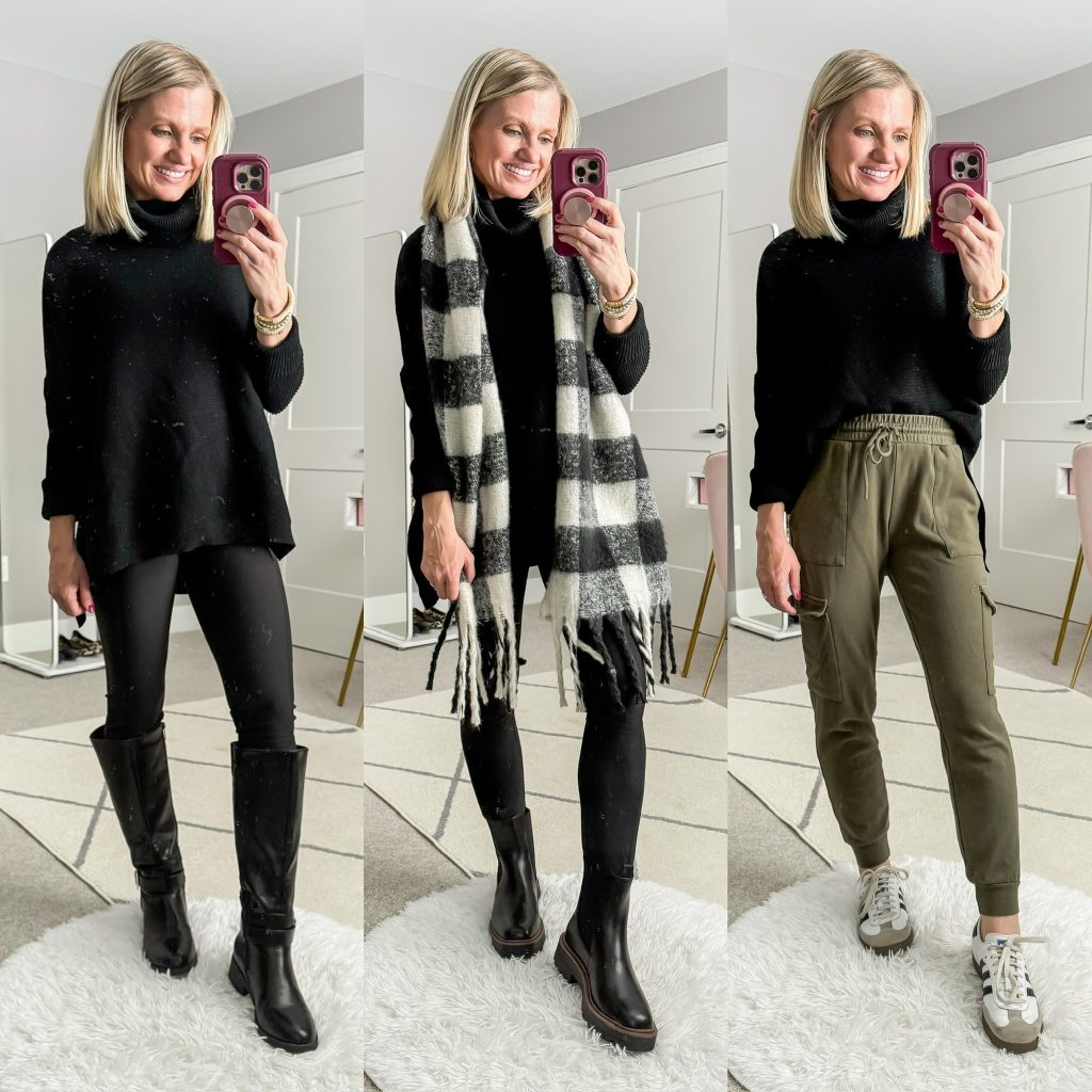 Mom Winter Capsule Wardrobe outfit ideas black turtleneck worn with leggings and with green joggers