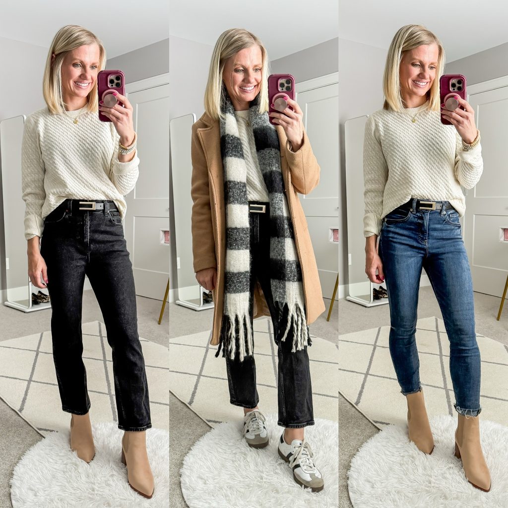 Light cable knit sweater styled three ways- light sweater with black jeans and neutral booties, light sweater with black jeans and sambas, light sweater with jeans and neutral booties.