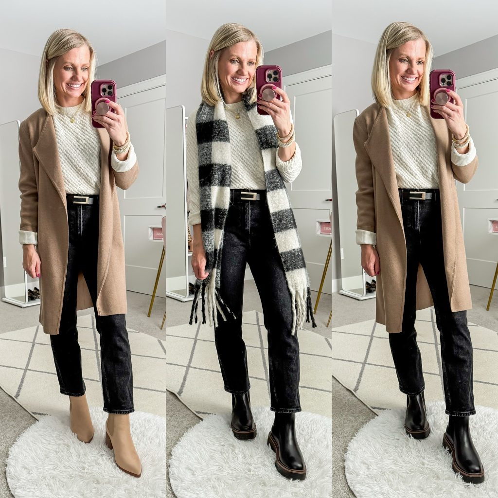 Black jeans styled three ways for winter. Black jeans, white sweater, and coatigan outfit. Black jeans with plaid scarf outfit. Black jeans with coatigan and black chelsea boots.