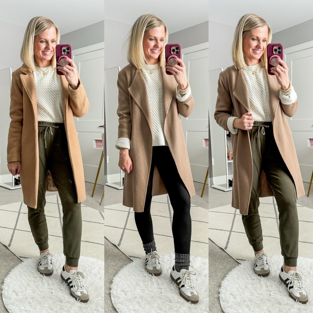 Mom Winter Capsule Wardrobe Outfit Ideas- Coatigan styled three ways- coatigan with joggers, coatigan with black leggings and sambas.