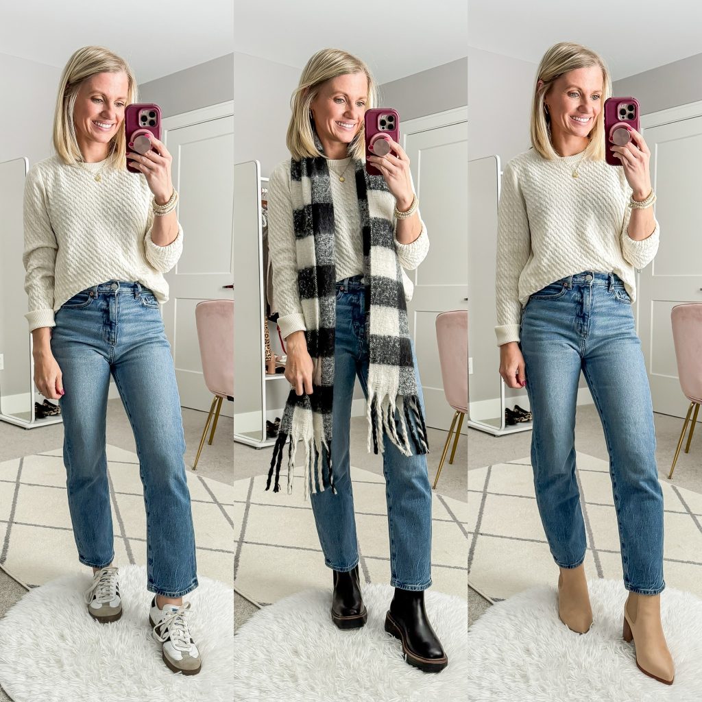 Mom Winter Capsule Wardrobe straight leg jeans styled three ways for winter- straight leg jeans and sneakers outfit, straight leg jeans with plaid scarf and black chelsea boots, straight leg jeans and neutral booties.