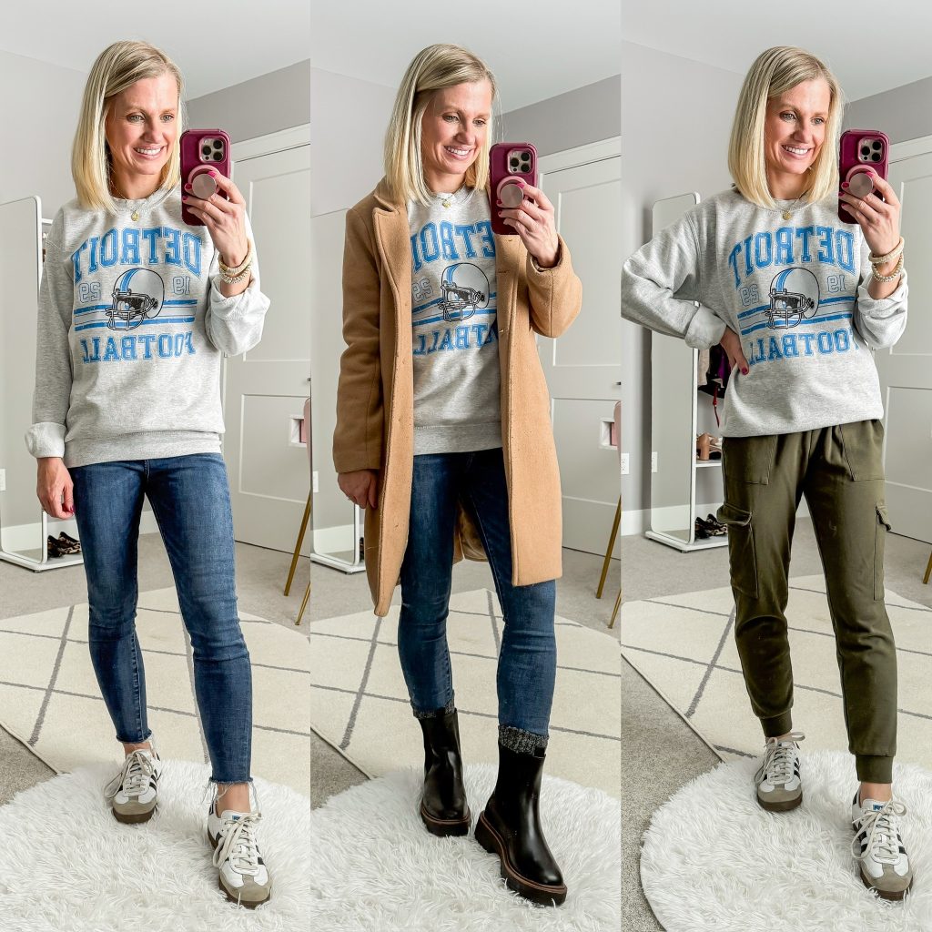 Mom Winter Capsule Wardrobe- NFL Sweatshirt styled three ways for winter. Sweatshirt with skinny jeans and sambas, sweatshirt with tan coat and chelsa boots and sweatshirt with green joggers and sambas.