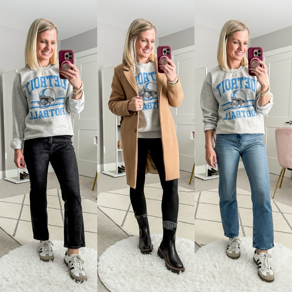 Graphic sweatshirt styled three ways for winter. Crew neck sweatshirt with cropped jeans and sambas, sweatshirt with coatigan and black leggings, crew neck sweatshirt with cropped jeans and sambas.