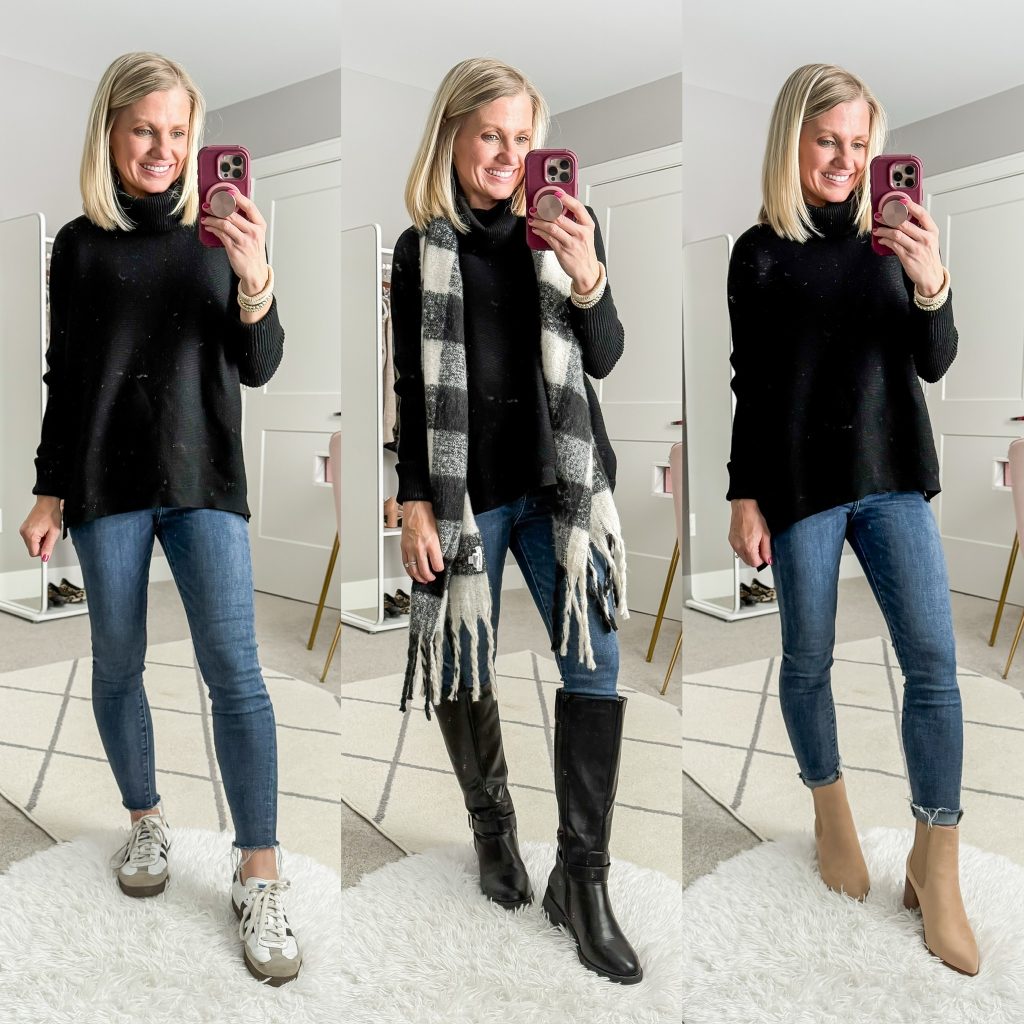 Skinny jeans styled for winter 2025- styled with black tunic and sambas, skinny jeans with riding boots and plaid scarf, skinny jeans with neutral booties.