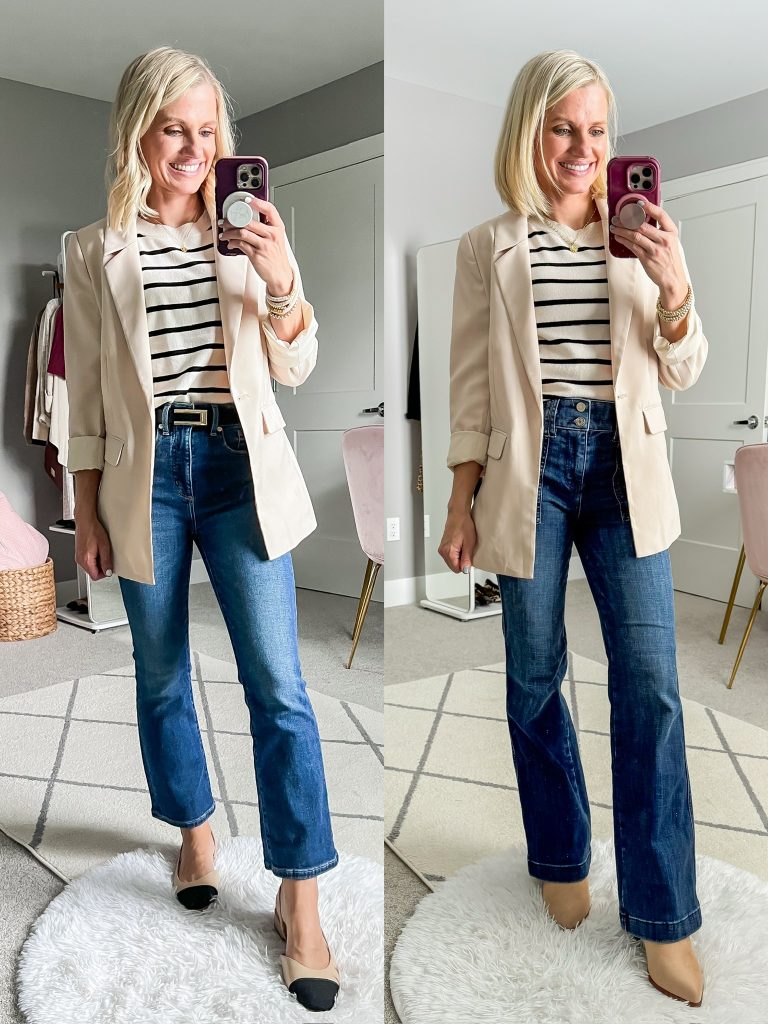 winterizing fall teacher capsule wardrobe with booties and flared jeans