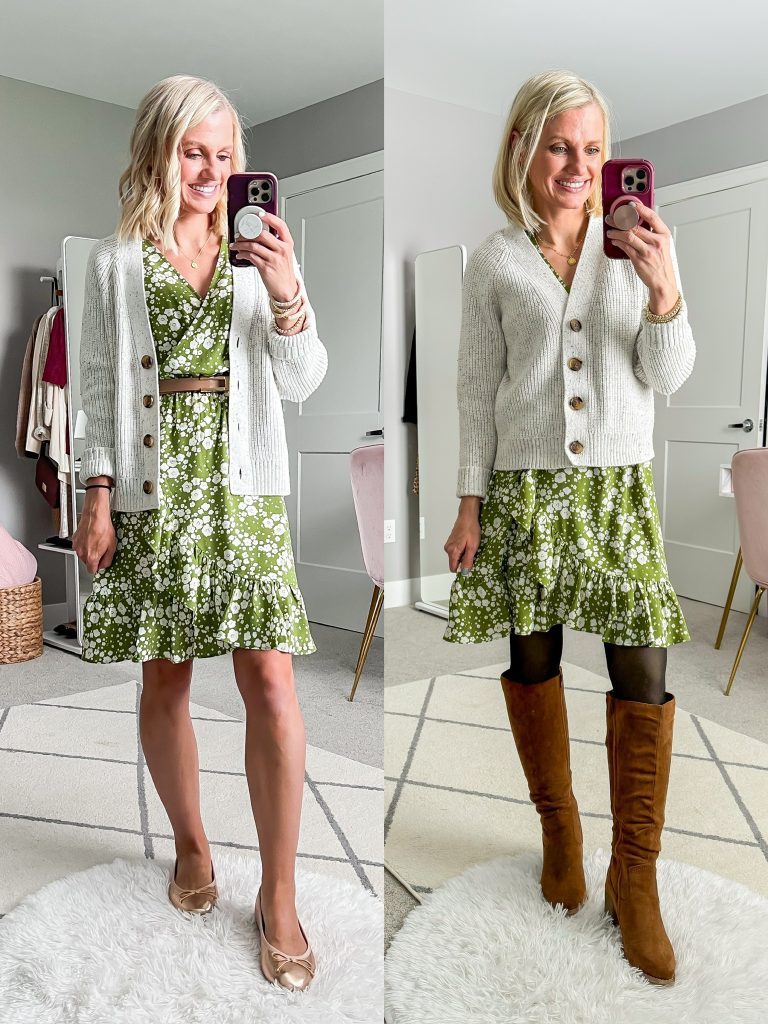 winter teacher capsule wardrobe outfit idea with floral dress, tights and suede boots