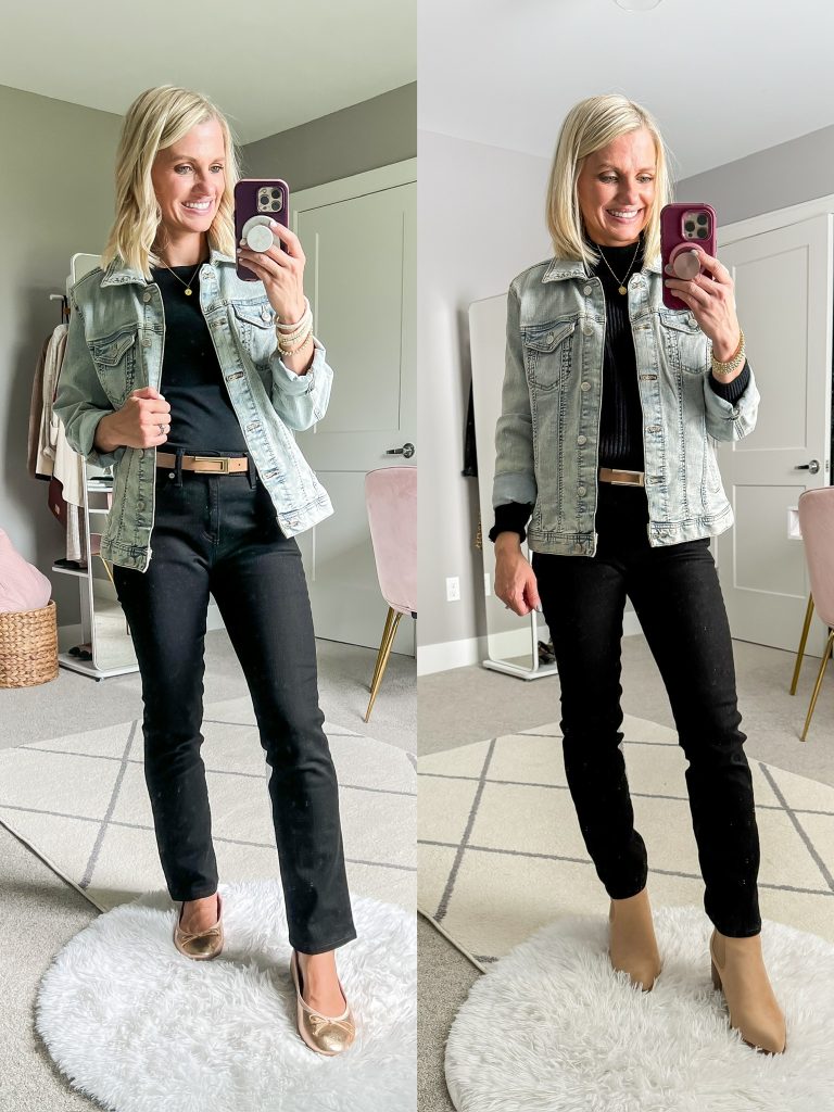 winterizing fall teacher capsule wardrobe with booties and turtleneck sweater