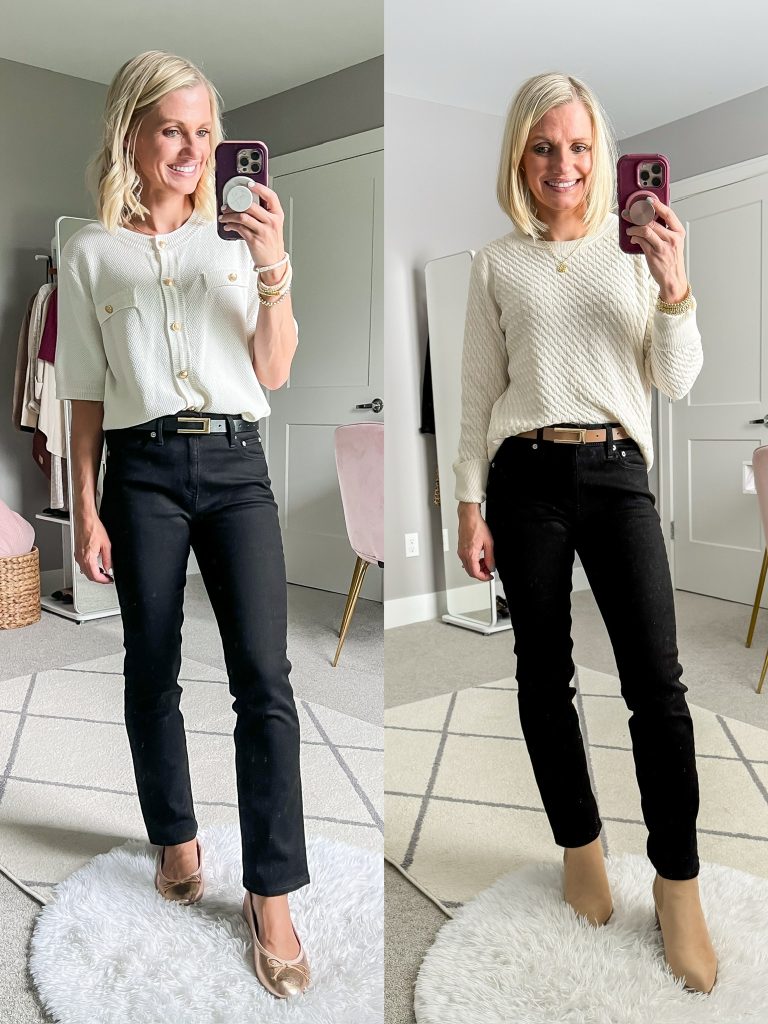 winterizing fall teacher capsule wardrobe outfit with booties and lightweight sweater