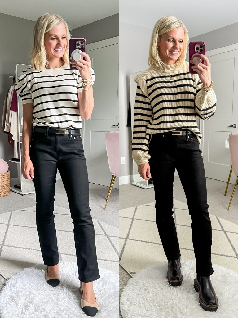 winterizing fall teacher capsule wardrobe outfit idea with black chelsea boots and striped sweater