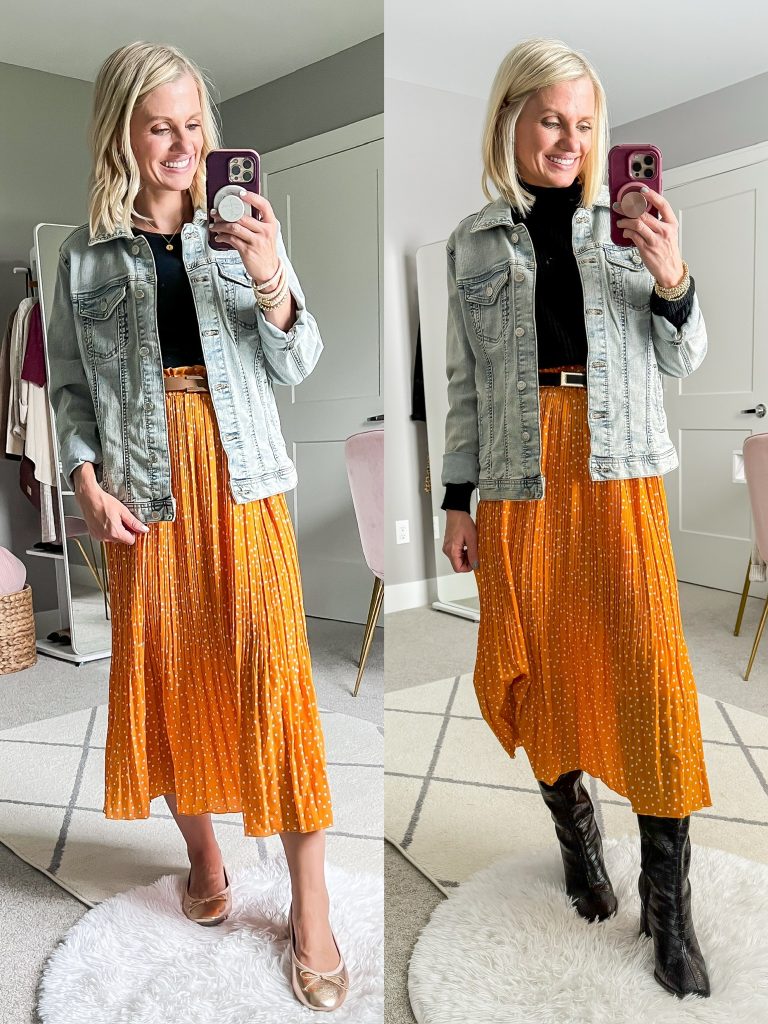 winterizing teacher capsule wardrobe outfit idea with denim jacket, maxi skirt and boots