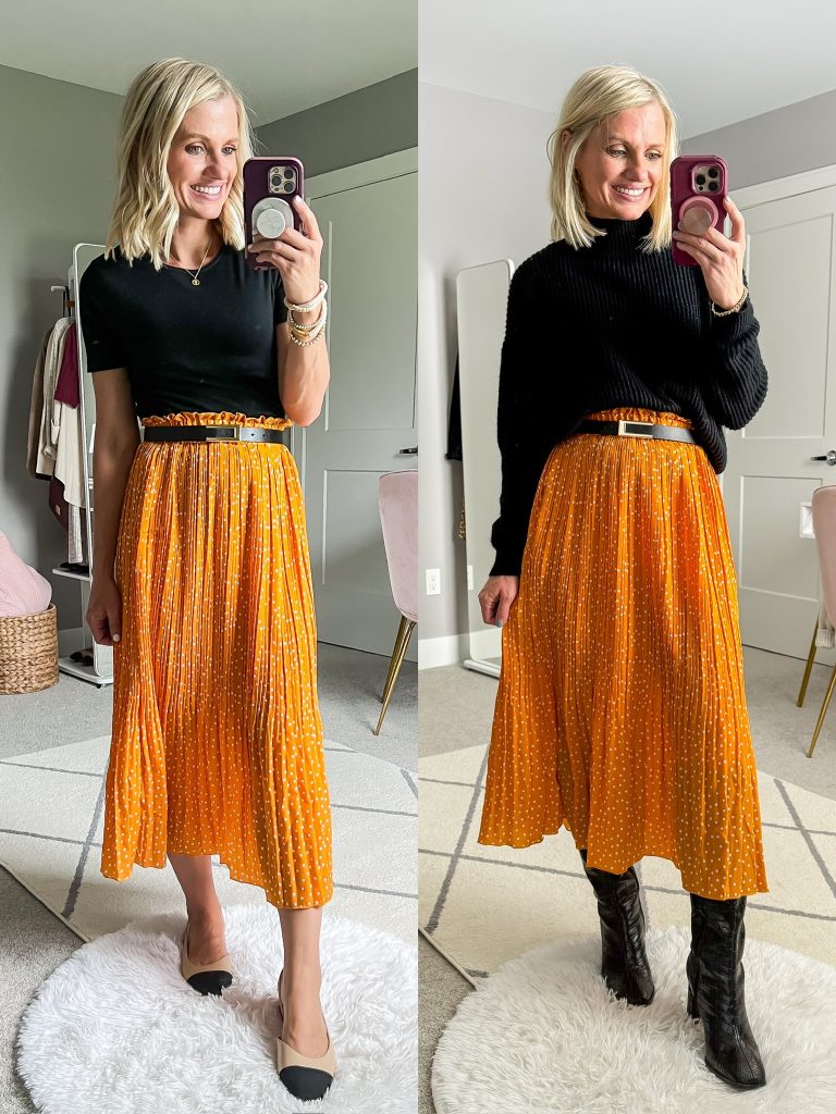 winterizing fall teacher capsule wardrobe outfit idea with maxi skirt and turtleneck sweater