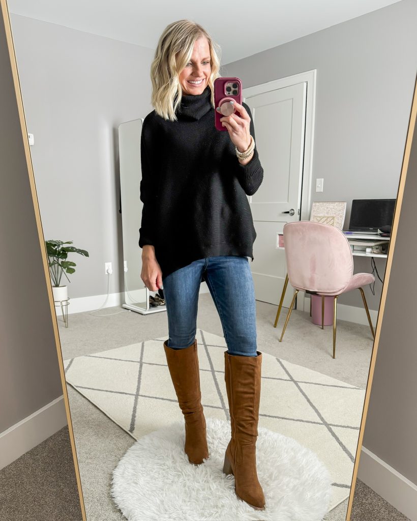 how to wear black and brown outfit idea with black turtleneck and brown suede boots