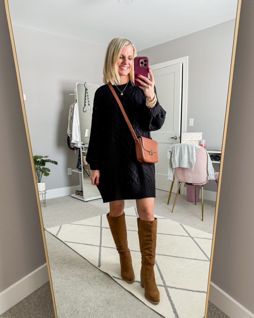 how to wear black and brown outfit idea with black sweater dress and brown suede boots