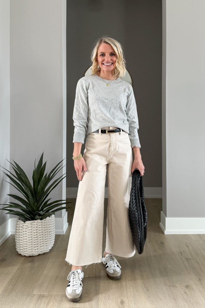 How to Wear Cropped Wide Leg Pants for Spring casual outfit idea with lightweight sweater and Sambas