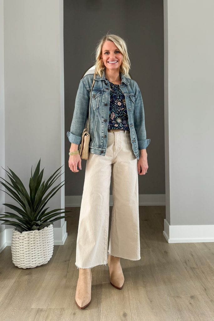 How to Wear Cropped Wide Leg Pants for Spring outfit idea with floral pattered top and denim jacket