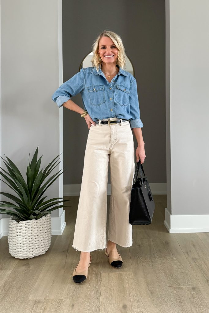 how to wear cropped wide leg pants for spring outfit ideas including wide leg pants and denim button down top.