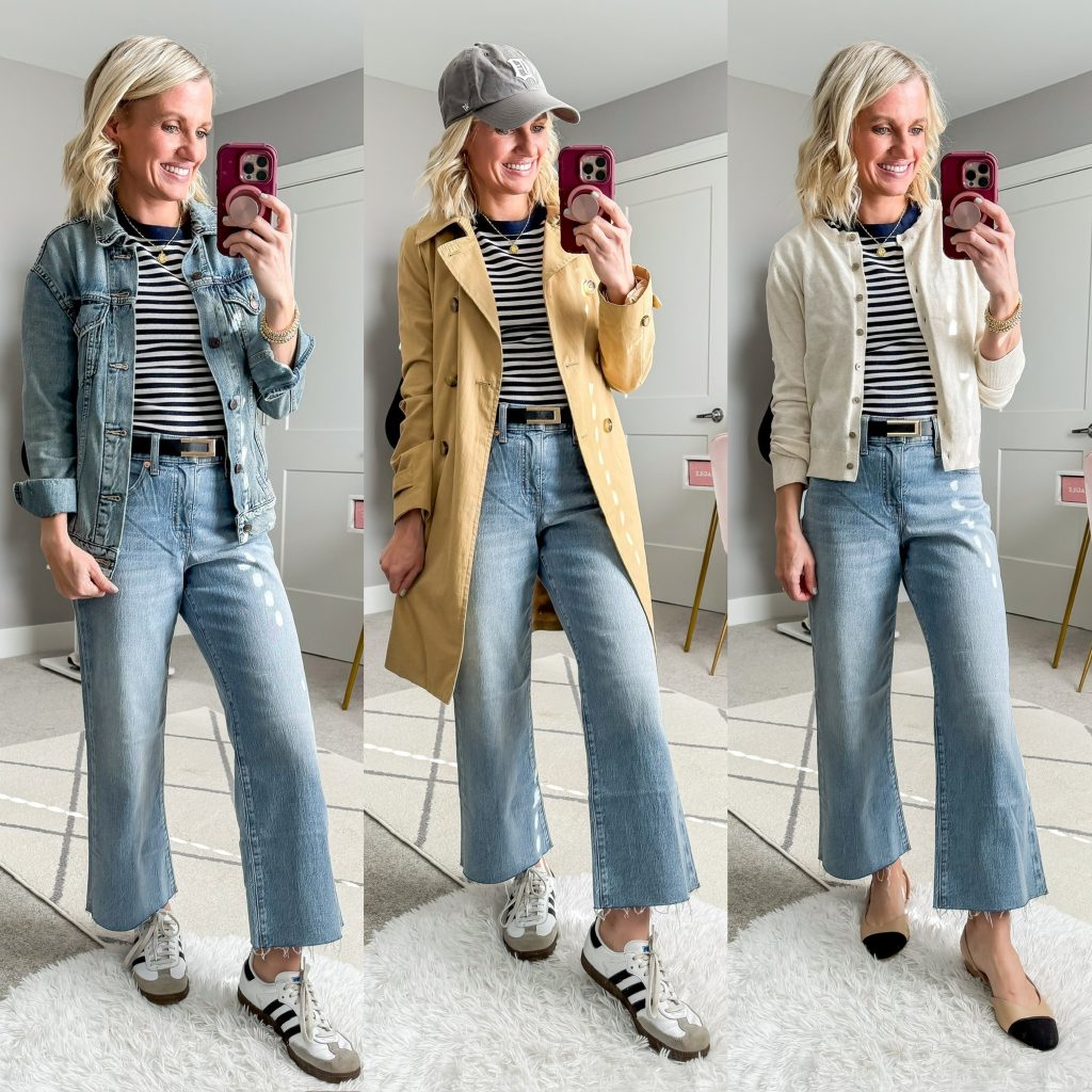 Mom-friendly Spring Capsule Wardrobe outfit ideas using a striped tee and cropped wide-leg pants.