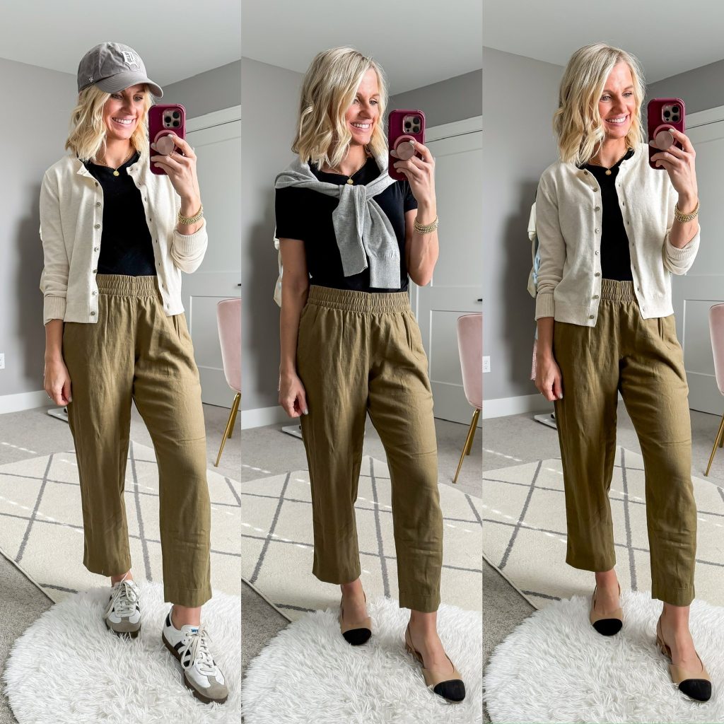 Mom-friendly Spring Capsule Wardrobe for 2025, three outfit ideas using olive green linen pants and a black short sleeved top.