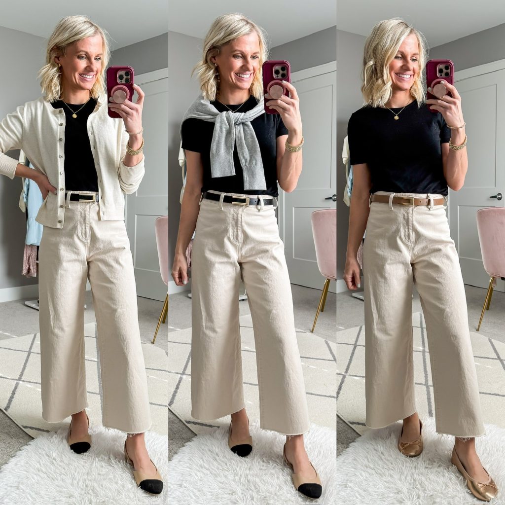 Mom-friendly Spring Capsule Wardrobe for 2025 three outfit ideas using neutral wide-leg cropped pants and a black tee