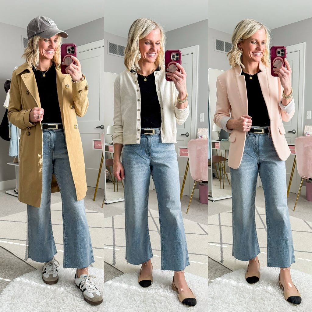 Mom-friendly Spring Capsule Wardrobe three outfit ideas using cropped wide-leg jeans and a simple black top