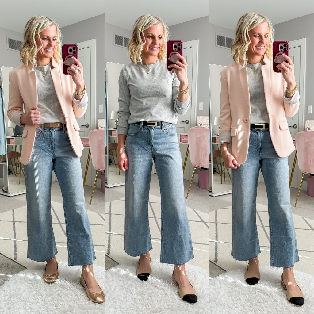 Spring Capsule Wardrobe for Moms, three outfit ideas using cropped wide-leg jeans