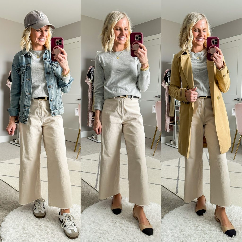 Spring Capsule Wardrobe for 2025 three outfit ideas with neutral cropped wide-leg pants and lightweight sweater