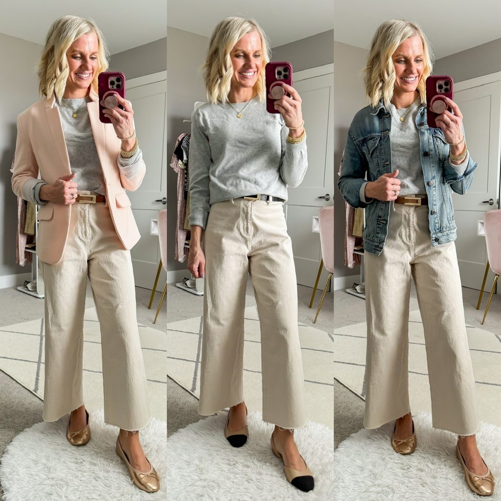 Spring Capsule Wardrobe for 2025 three neutral outfit ideas using cropped wide-leg pants and lightweight sweater