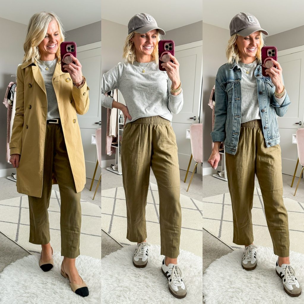 Spring Capsule Wardrobe three outfit ideas using a grey lightweight sweater as the base layer