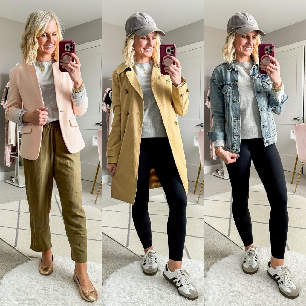 Spring Capsule Wardrobe for moms, three outfits with a lightweight grey sweater