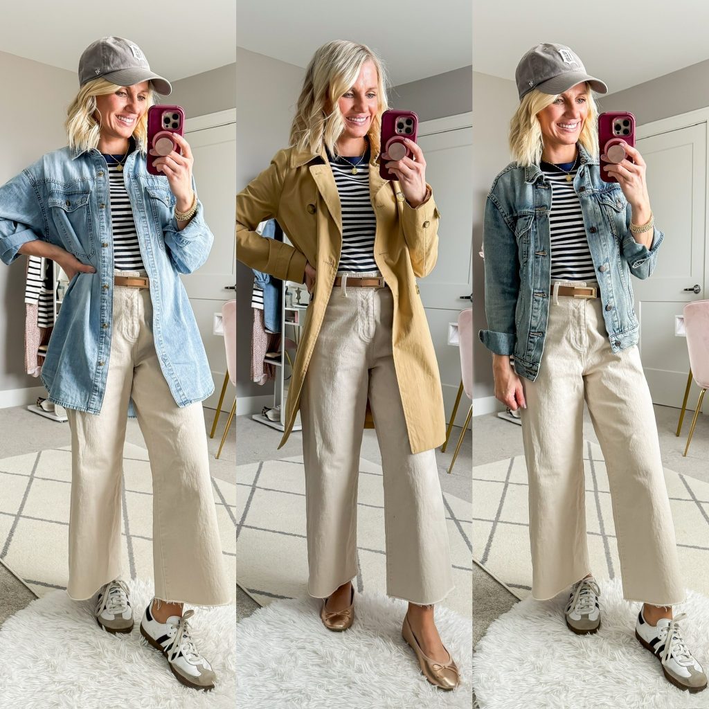 Mom-friendly Spring Capsule Wardrobe with cropped wide-leg pants and striped top