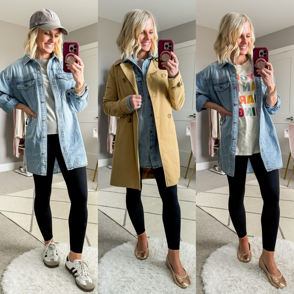 Spring Capsule Wardrobe for moms, three outfit ideas with an oversized denim shirt