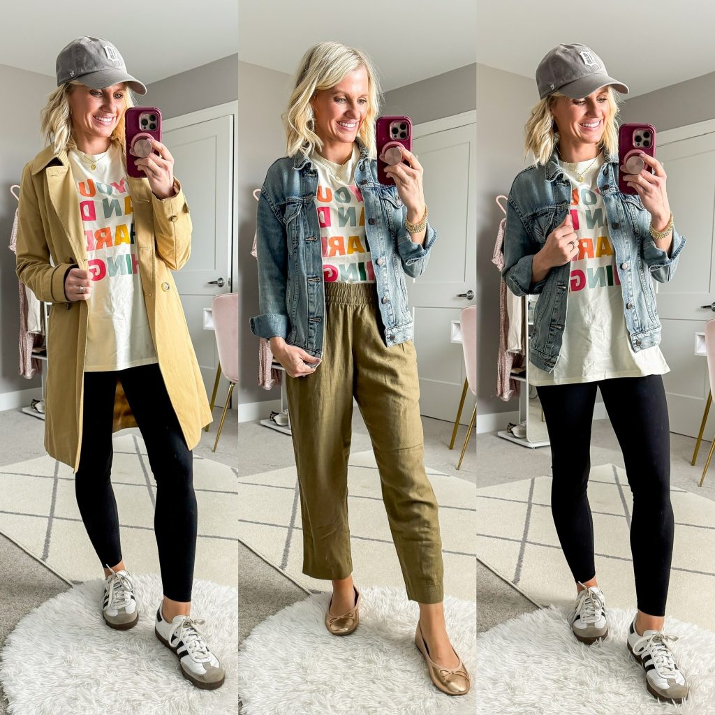 Spring Capsule Wardrobe three outfit ideas with graphic t-shirt