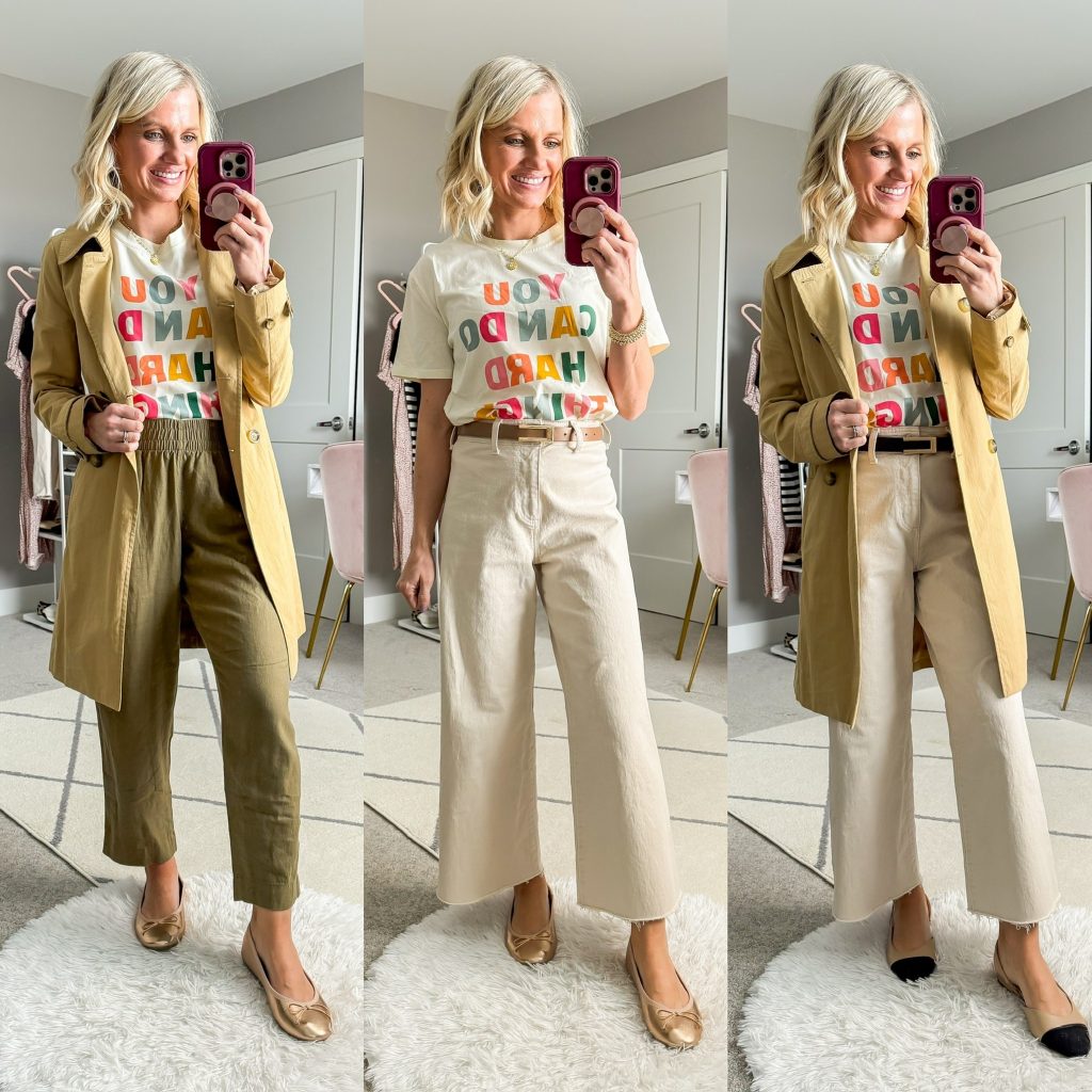 Mom-friendly Spring Capsule Wardrobe three outfit ideas with a graphic t-shirt